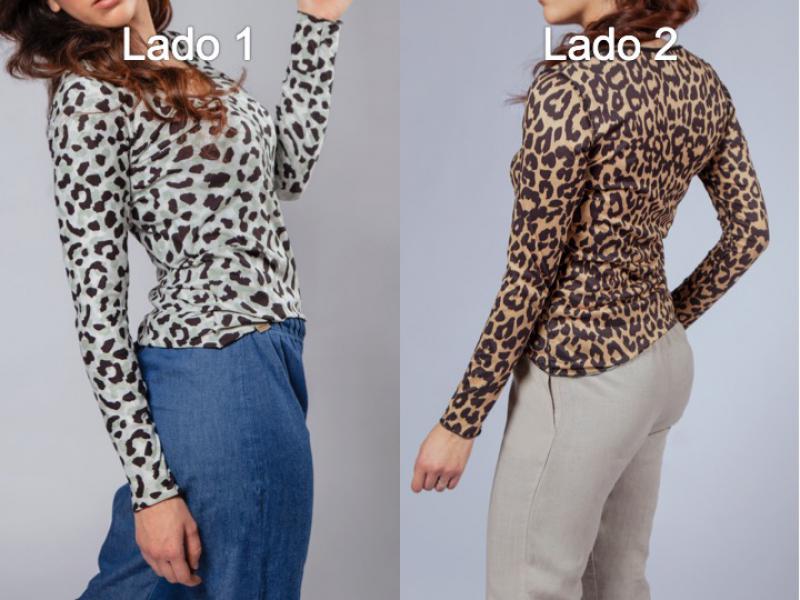 Camiseta Manga Larga Reversible (doble cara) : lado 1 Leopardo marrón / lado 2 Leopardo blanco