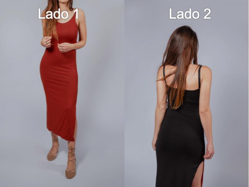 Vestido Reversible (doble cara) Largo Playero : lado 1 Negro / lado 2 Rojo.