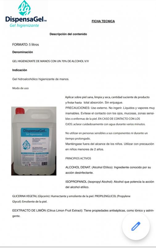 Garrafa 5 litros alcohol gel hidroalcohólico con certificado