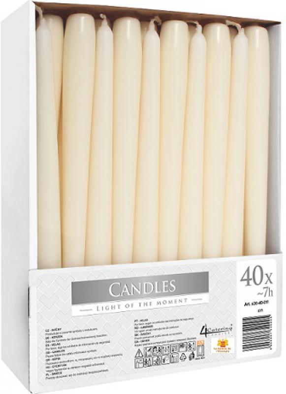 Pack de 40 velas cónicas de candelabro color marfil de 25 x 2.3 cm.
