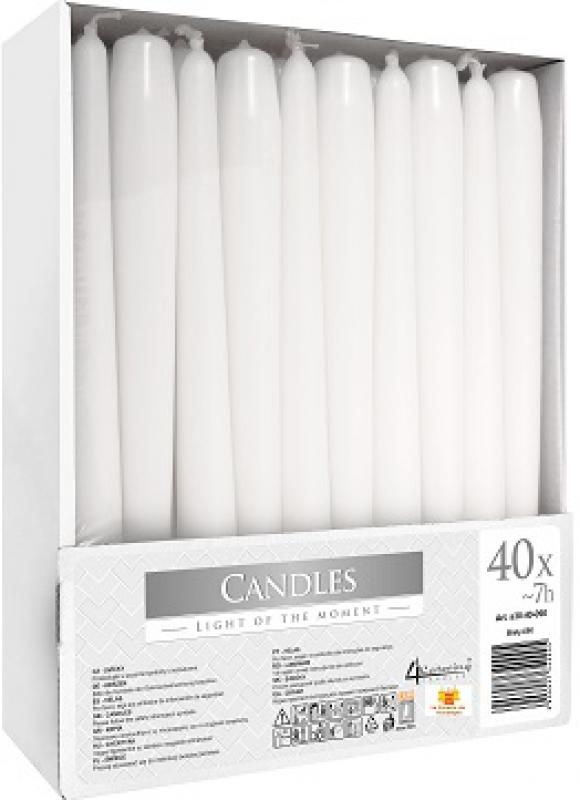 Pack de 40 velas cónicas de candelabro color blanco de 25 x 2.3 cm.