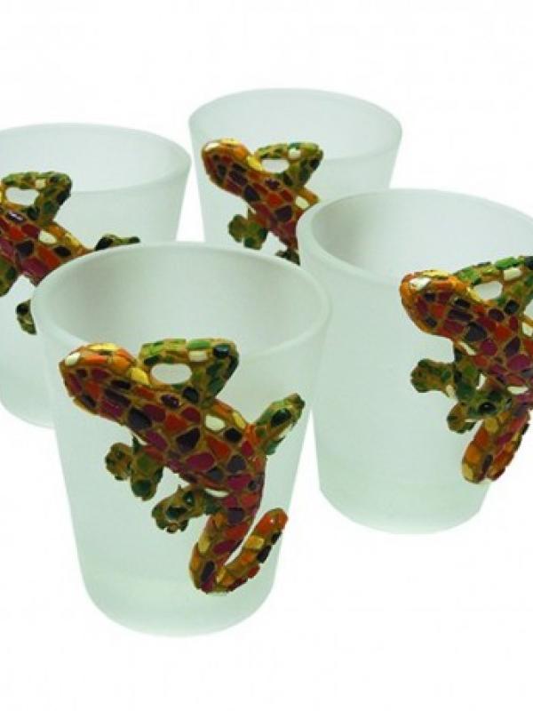 Liquidaciones de stocks de Pack de 4 vasos chupito con rana o drac diseño craquelado Gaudí. al por mayor