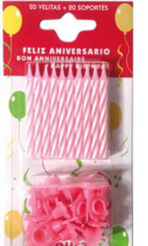 Lote de blister de 20 velitas aniversario y 20 soportes color rosa.